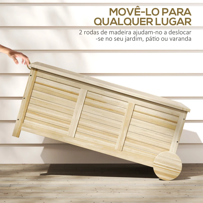 Outsunny Baú de Arrumação Exterior 185L Baú de Jardim de Madeira Impermeável com Tampa Amovível 2 Rodas 110x50x50 cm Madeira