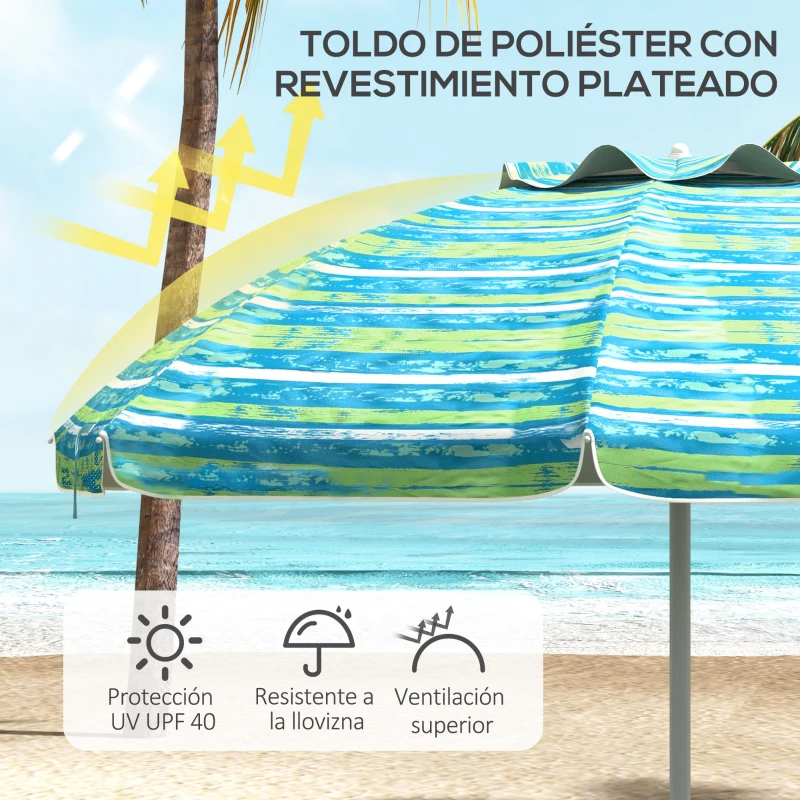 Outsunny Sombrilla de Playa Ø190x215 cm con Reclinación 45° Altura Ajustable y Mesa con Portavasos Anti-UV Impermeable Multicolor