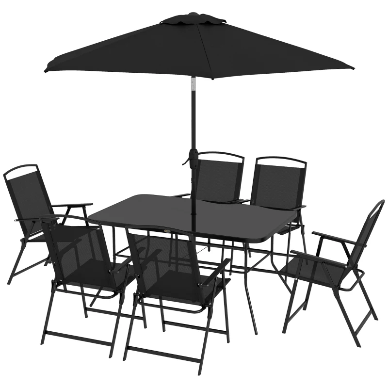 Outsunny Juego de Comedor de Jardín de 8 Piezas con 1 Mesa de Cristal 6 Sillas Plegables y 1 Sombrilla para Terraza Patio Negro