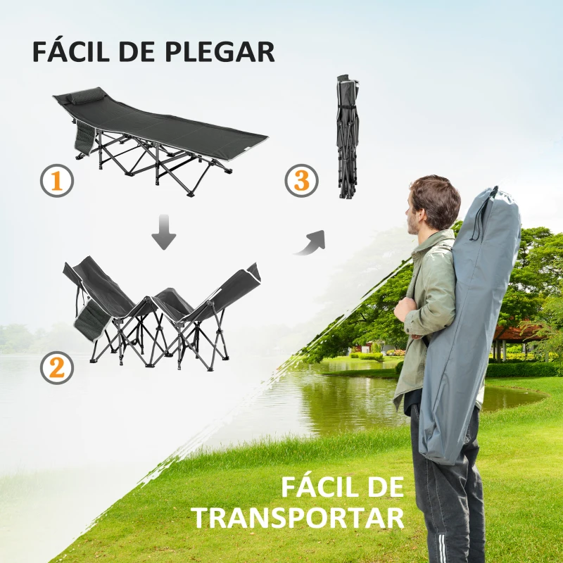 Outsunny Cama de Acampada con Cojín Almohada Bolsillo Bolsa de Transporte y Marco de Acero Carga 150 kg 188x64,5x53 cm Azul