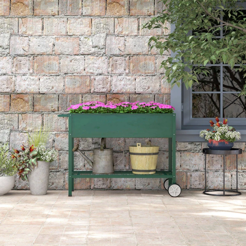 Outsunny Huerto Urbano Elevado 109x44x80 cm con 2 Ruedas Estante y Asa para Cultivo Plantas Flores Verduras Verde