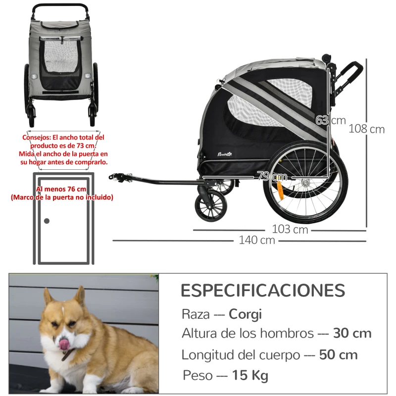 PawHut Remolque de Bicicleta para Perros 2 en 1 con Puertas Enrollables Cinturón de Seguridad Carga 30 kg 140x72,5x108 cm Gris