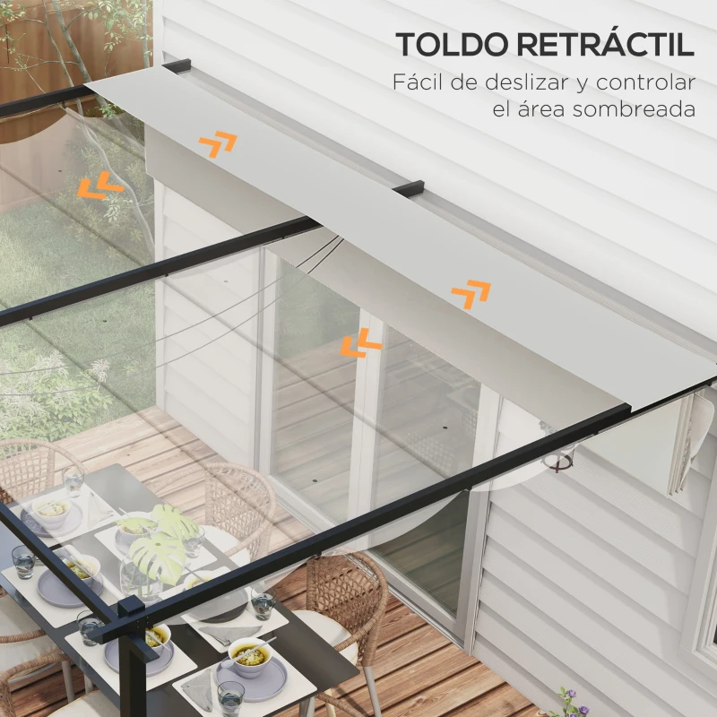 Outsunny Pérgola de Pared para Exterior con Techo Retráctil para Patio Terraza Jardín 390x290x220 cm Crema