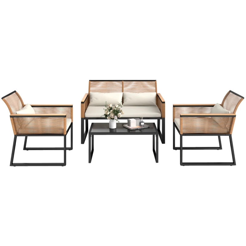 Outsunny Conjunto de Jardim 4 Peças de Vime Sintético com 2 Cadeiras 1 Sofá de 2 Lugares e Mesa de Centro Madeira e Creme