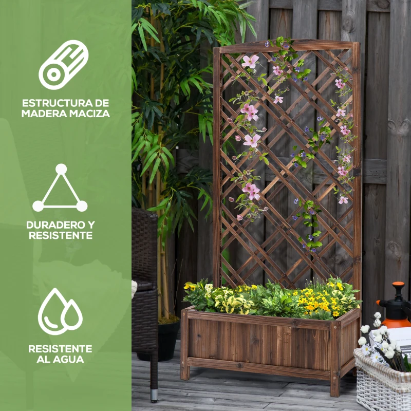 Outsunny Jardinera con Celosía de Madera para Trepadoras Cultivos Plantas en Terraza Jardín Balcón 60x30x122,5 cm Marrón