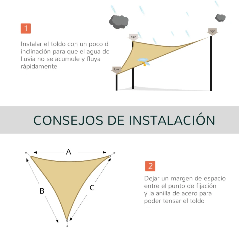Outsunny Toldo Vela Triangular 3x3x3 m Vela de Sombra para Jardín Patio Terraza HDPE Anti UV y Transpirable Color Arena