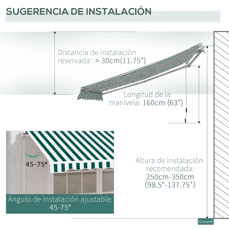 Outsunny Toldo Manual Retráctil 295x250cm Ángulo Ajustable con Manivela para Exterior Balcón Jardín Terraza Verde