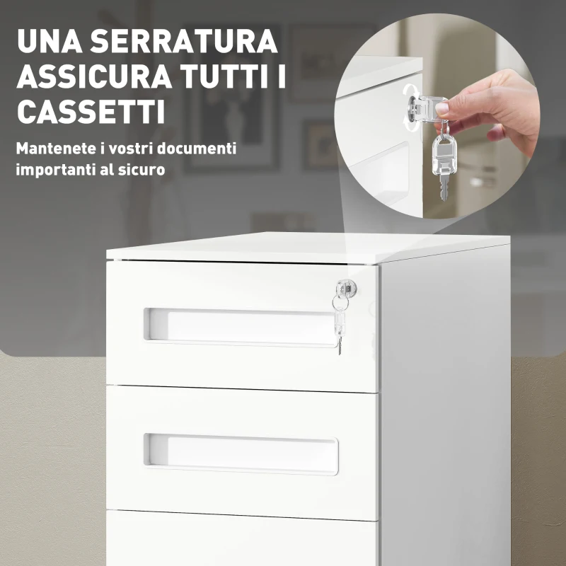 Vinsetto Schedario Portadocumenti in Acciaio a 5 Ruote con 2 Cassetti e Vassoio Portapenne, 30x43.5x60 cm, Bianco