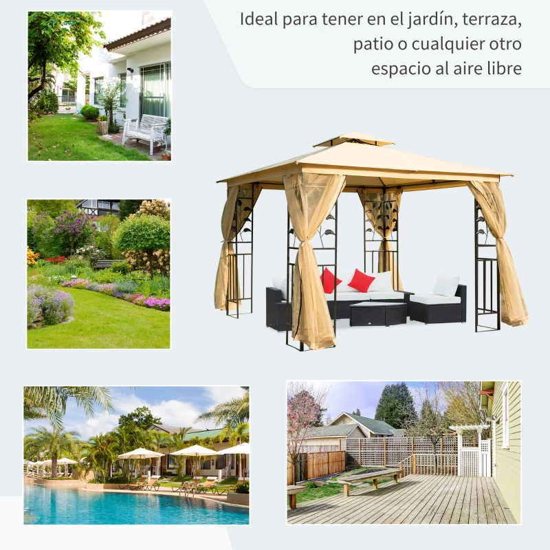 Outsunny Cenador de Jardín 3x3x2,8 m Gazebo Carpas para Exterior Grandes con Doble Techo Mosquiteras y Marco de Acero para Patio Fiesta Beige