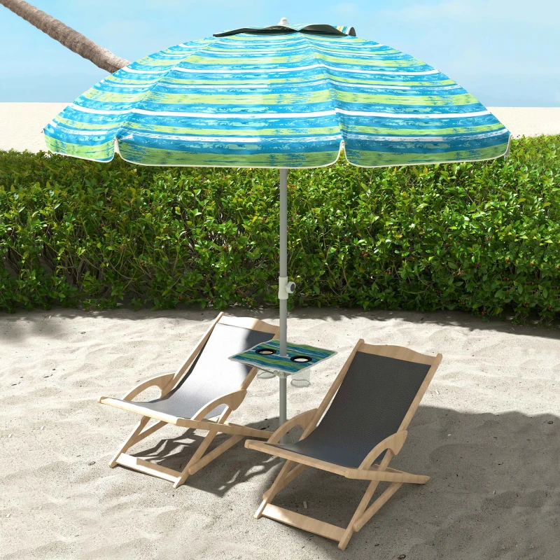 Outsunny Sombrilla de Playa Ø190x215 cm con Reclinación 45° Altura Ajustable y Mesa con Portavasos Anti-UV Impermeable Multicolor