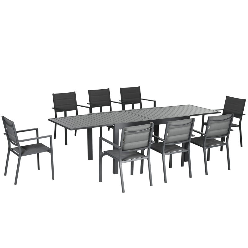 Outsunny Juegos de Comedor de Jardín con Marco de Aluminio Mesa Extensible y 8 Sillas Apilables para Terraza Patio Gris