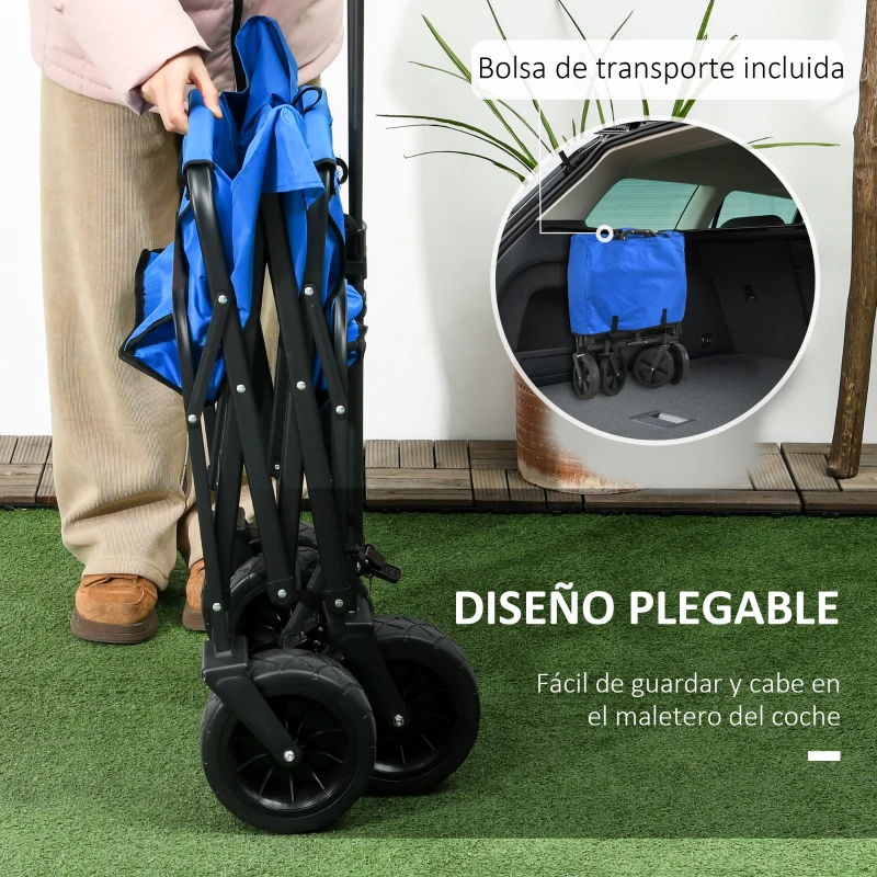 Outsunny Carro Plegable con Toldo Desmontable Longitud y Ángulo del Mango Ajustables y Bolsa de Transporte Carga 100 kg Azul