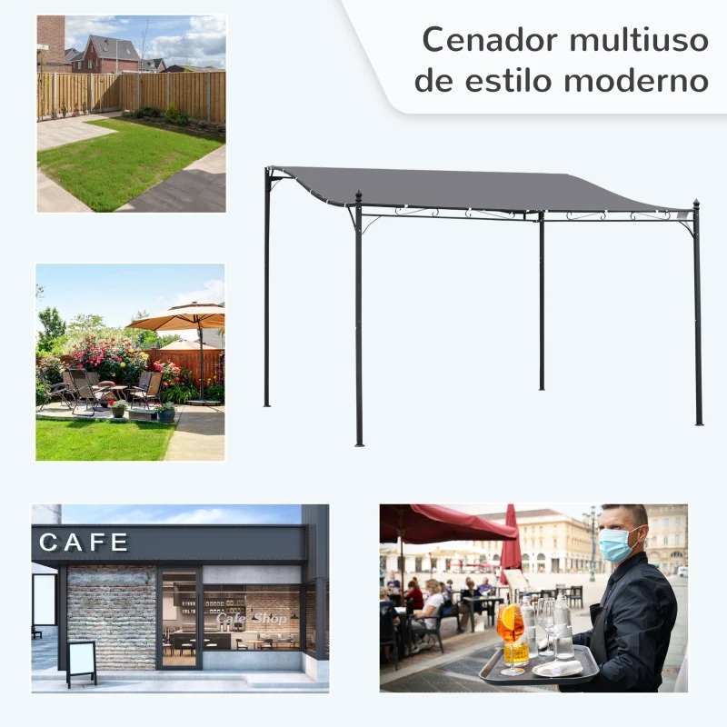 Outsunny  Cenador de Jardín 4x3 m Pérgola Montado en Pared con Toldo y 16 Orificios de Drenaje Marco de Metal y Poliéster 180 g/m² para Patio Terraza Gris