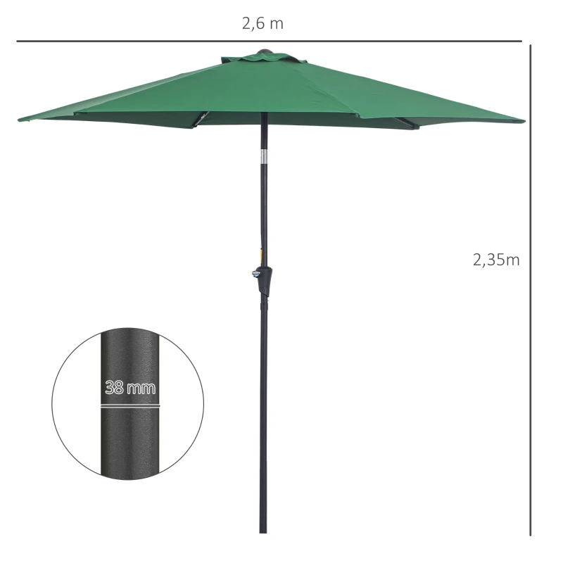 Outsunny Sombrilla para Jardín de Aluminio Ø260x235 cm Parasol de Jardín Reclinable con Manivela y 6 Varillas de Metal para Terraza Exterior Balcón Verde