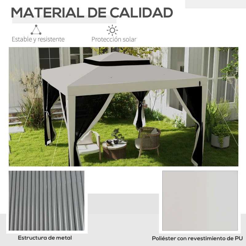 Outsunny Carpa de Jardín 3x3 m Cenador Gazebo con 4 Mosquiteras Laterales Techo Doble 8 Orificios de Drenaje Marco de Metal Crema