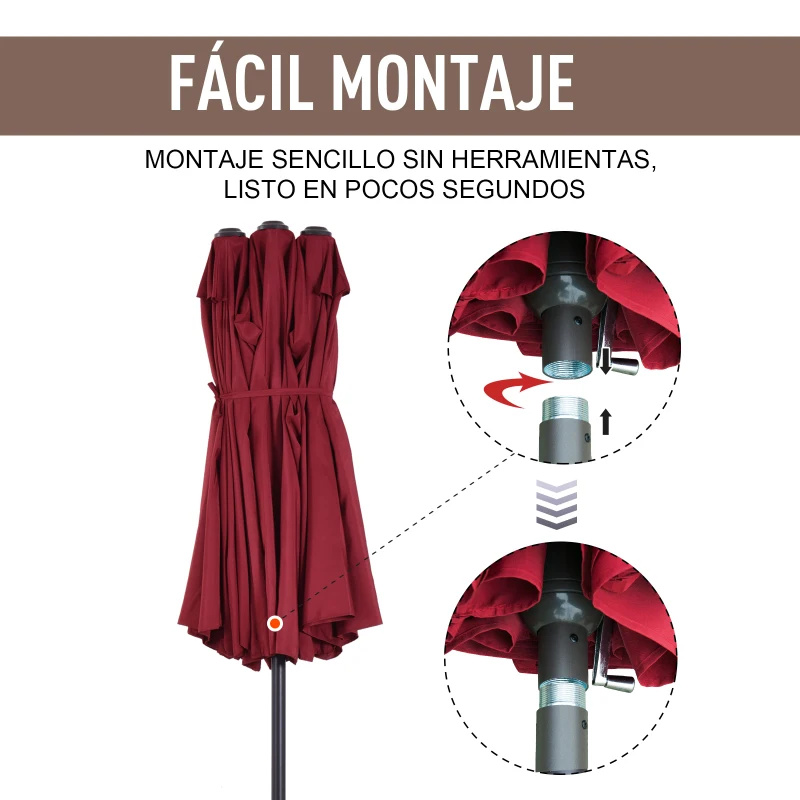 Outsunny Sombrilla Doble para Jardín 455x265x238 cm Parasol Grande con Manivela Manual Protección Solar Color Rojo Vino
