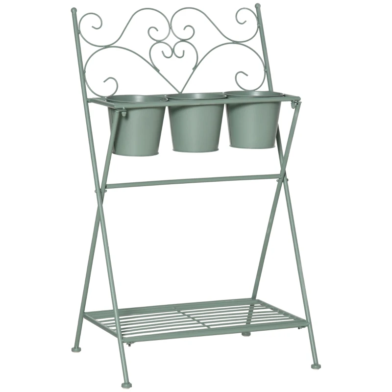 Outsunny Suporte de Metal para Plantas Dobrável com 3 Vasos Incluidos e Prateleira Inferior Suporte para Vasos de Flores Decorativo para Interior e Exterior 47x37x78,5cm Verde