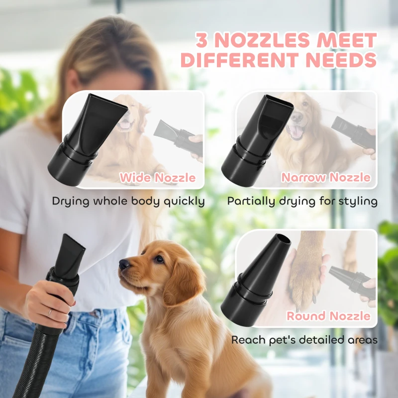 PawHut 2200W Dog Hair Dryer with Adjustable Temperature & Velocity, 3 Different Nozzles, Pink
