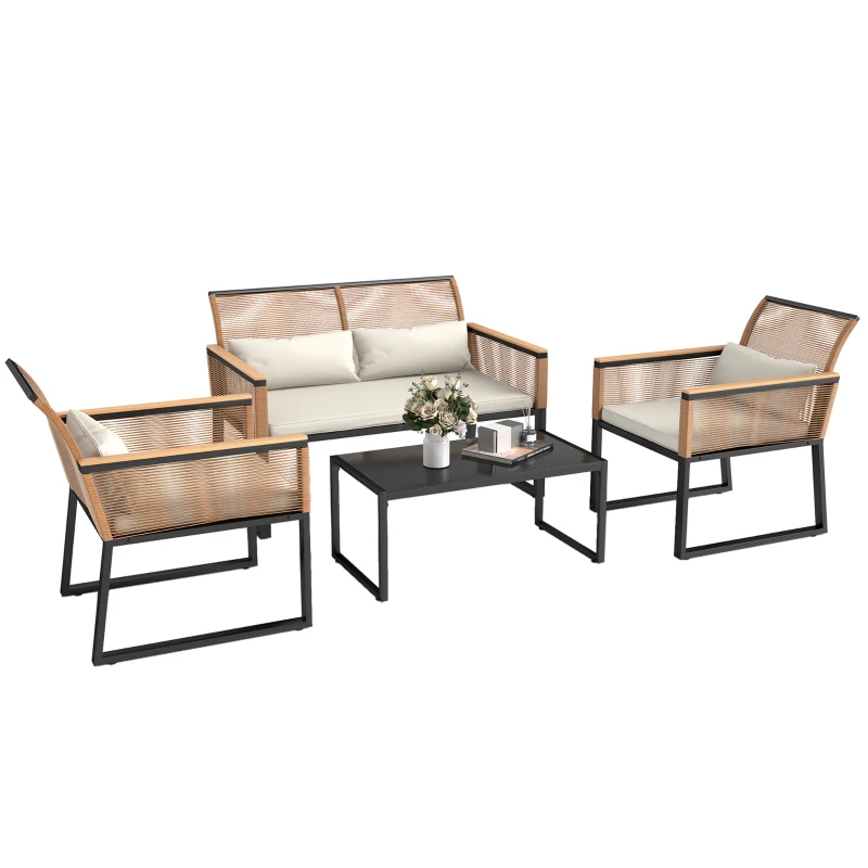 Outsunny Conjunto de Jardim 4 Peças de Vime Sintético com 2 Cadeiras 1 Sofá de 2 Lugares e Mesa de Centro Madeira e Creme