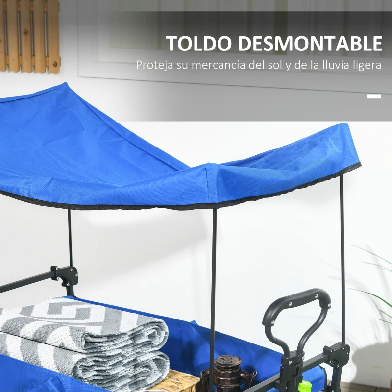 Outsunny Carro Plegable con Toldo Desmontable Longitud y Ángulo del Mango Ajustables y Bolsa de Transporte Carga 100 kg Azul