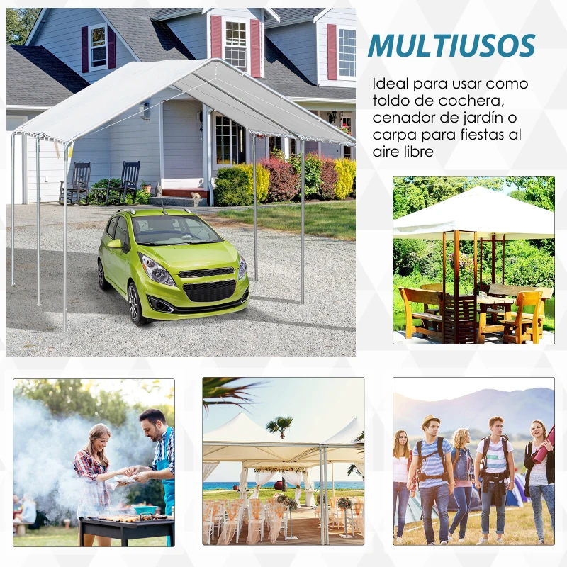 Outsunny Carpa Garaje para Coche 3x6 m Cochera Portátil Impermeable con Toldo de Tela PE y Marco de Acero Galvanizado Blanco