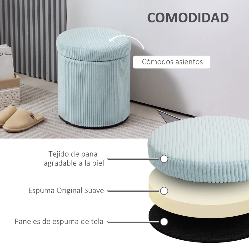 HOMCOM Puff con Almacenaje Redondo Tapizado en Pana con Estructura de Acero Estable y Acolchado Suave Ø40x41 cm Azul Claro