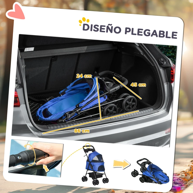 PawHut Carrito para Perros Pequeños con Ruedas Universales Cesta de Almacenaje Correas de Seguridad y Ventanas 67x45x96 cm Azul