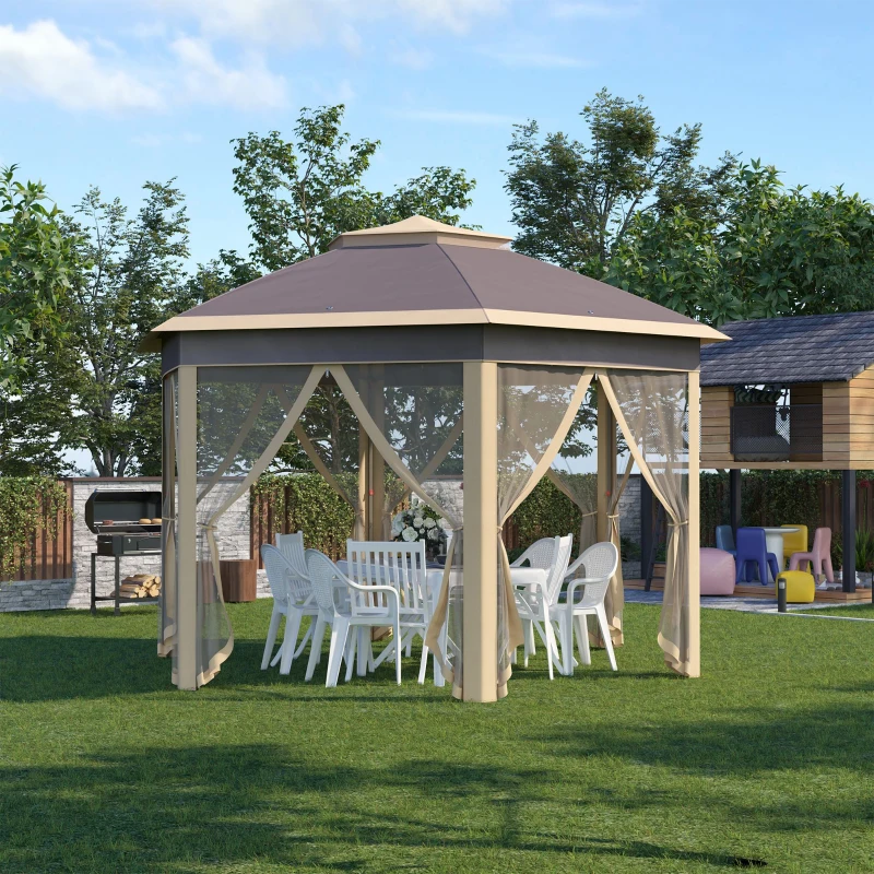 Outsunny Cenador de Jardín Hexagonal 4,05x3,4x2,85 m con Doble Techo 6 Mosquiteras Desmontables Bolsa y Anti-UV Beige