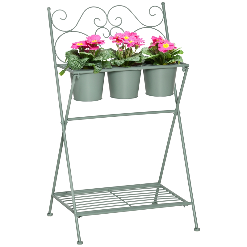 Outsunny Suporte de Metal para Plantas Dobrável com 3 Vasos Incluidos e Prateleira Inferior Suporte para Vasos de Flores Decorativo para Interior e Exterior 47x37x78,5cm Verde