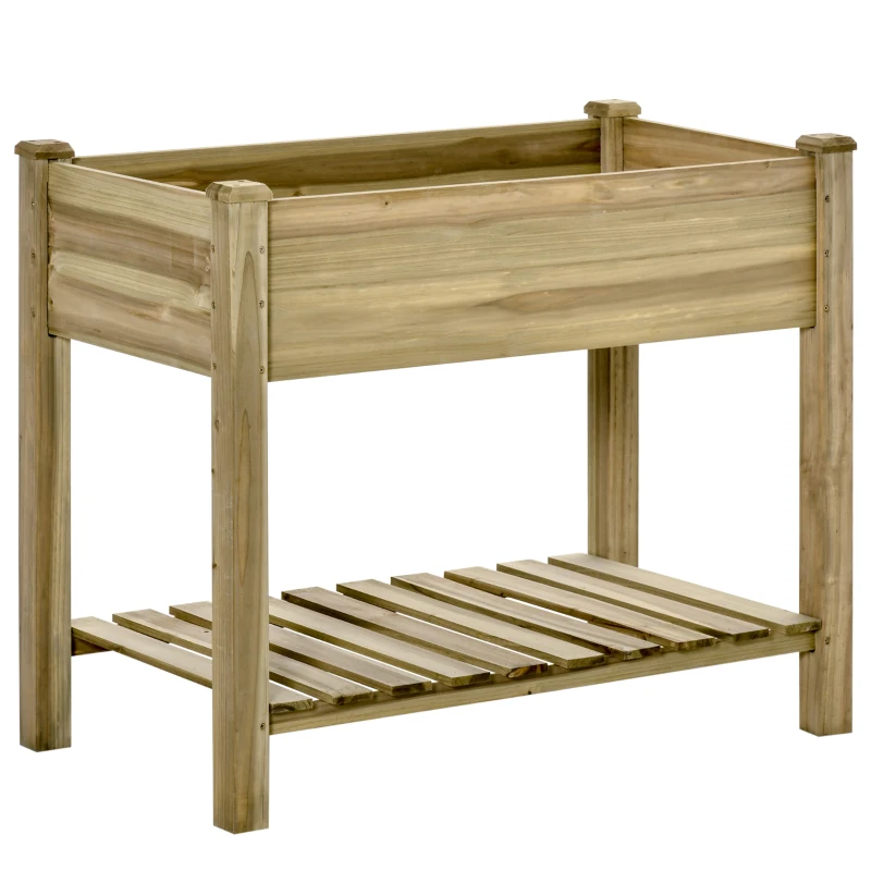 Outsunny Huerto Urbano de Madera con Estante 91x51x76 cm Mesa de Cultivo Rectangular con Orificios de Drenaje para Cultivos Plantas Jardín Terraza Exterior Color Natural