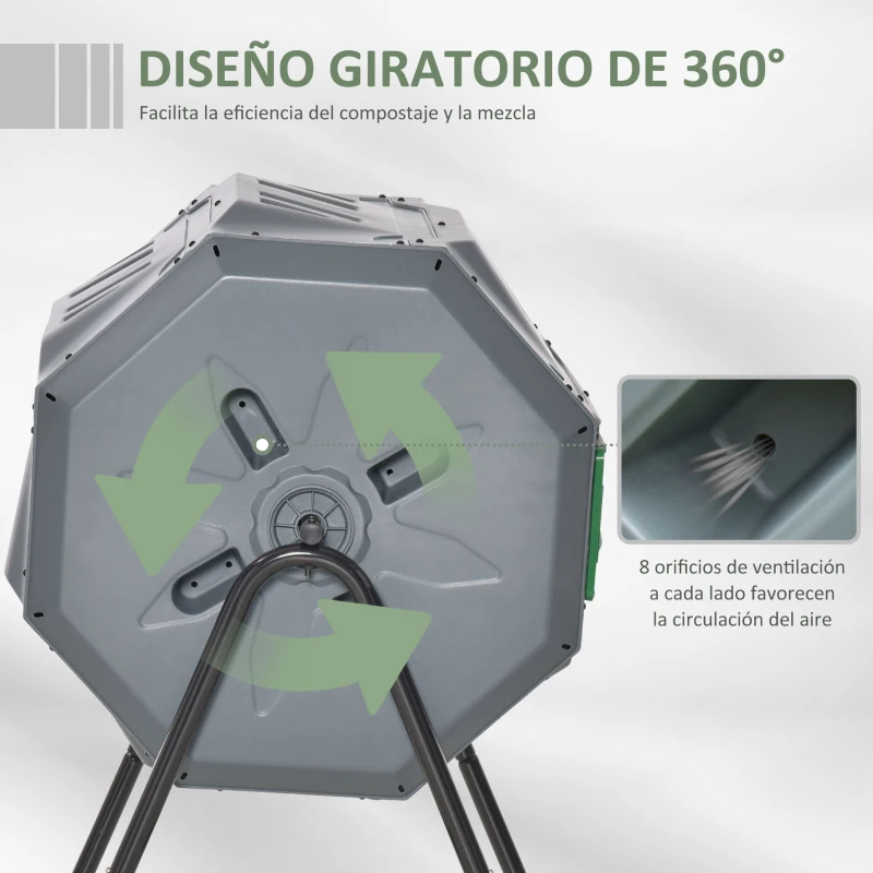 Outsunny Compostador de Tambor Giratorio con Capacidad 160 Litros de Doble Cámara y Ventilación Marco de Acero 71x65x96cm Gris