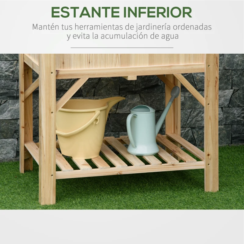 Outsunny Huerto Urbano de Madera  78,5x58x81 cm Mesa de Cultivo con 6 Compartimentos y Estante Inferior para Plantas Flores en Jardín Terraza Exterior Color Natural