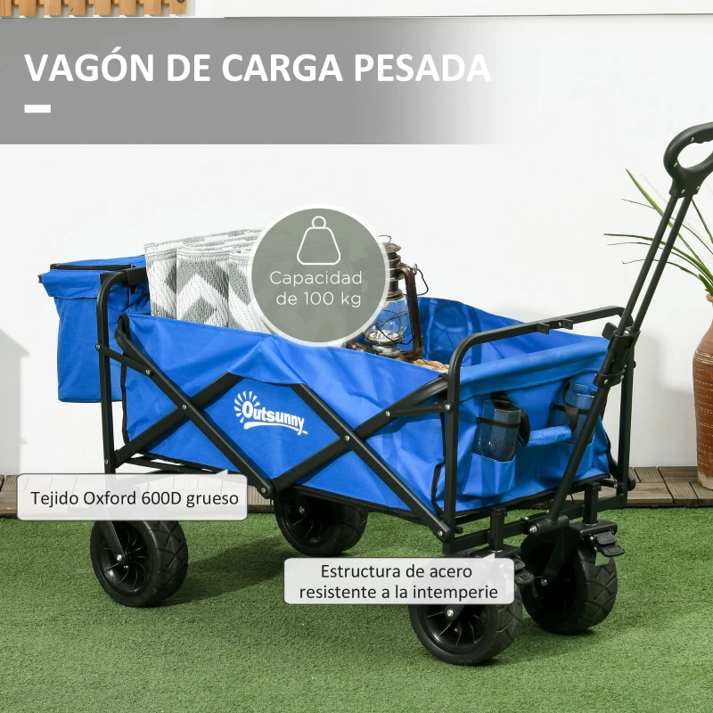 Outsunny Carro Plegable con Bolsa Térmica Desmontable Longitud y Ángulo del Mango Ajustables y Bolsa de Transporte Azul