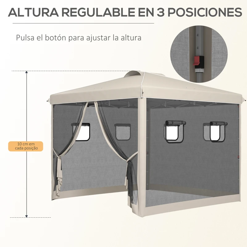 Outsunny Cenador de Jardín 3x3 m con Pared Lateral de Malla 6 Ventanas Altura Ajustable en 3 Niveles Protección Rayos UV30+ Beige
