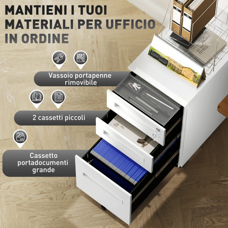 Vinsetto Schedario Portadocumenti in Acciaio a 5 Ruote con 2 Cassetti e Vassoio Portapenne, 30x43.5x60 cm, Bianco