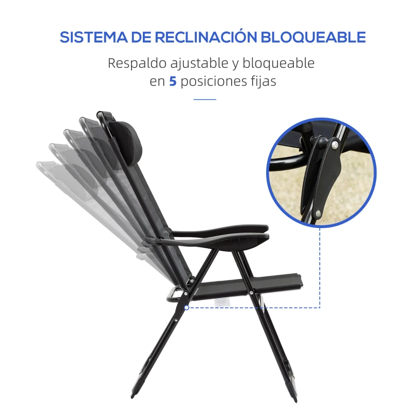 Outsunny Conjunto de 2 Sillas de Camping Plegables con Reposacabezas Desmontable y Respaldo Reclinable 62x70x109 cm Negro