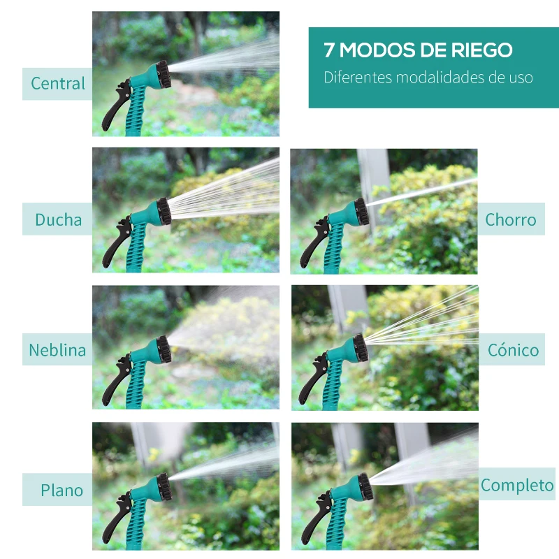 DURHAND Carrete para Manguera Retráctil 10m con 7 Modos de Riego Sistema de Enrollado Automático con Bloqueo Conector de 1m para Jardín Césped 28x14x34 cm Negro y Verde