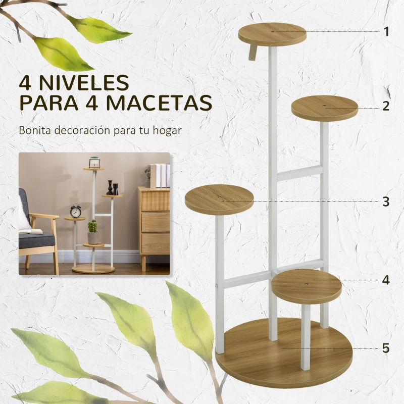 Outsunny Soporte para Plantas de 4 Niveles Estantería para Macetas para Interior y Exterior 40x40x95,5 cm Natural