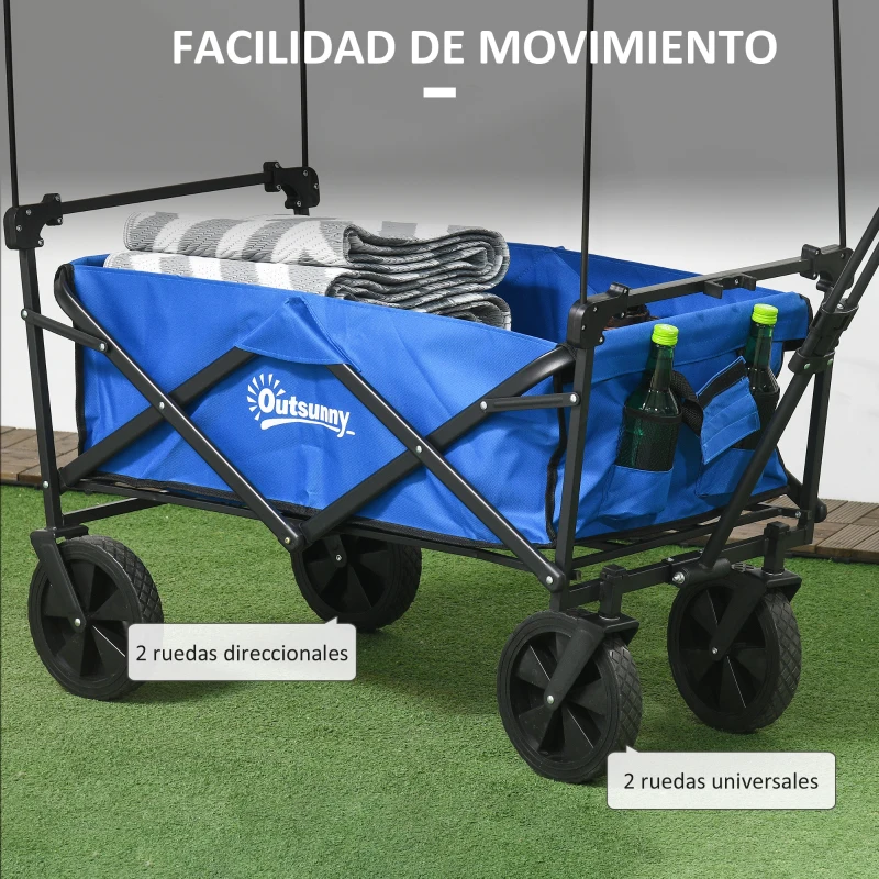 Outsunny Carro Plegable con Toldo Desmontable Longitud y Ángulo del Mango Ajustables y Bolsa de Transporte Carga 100 kg Azul