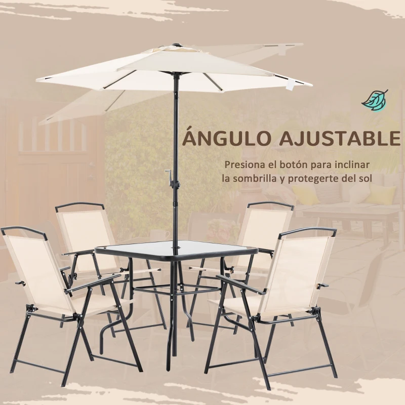 Outsunny Conjunto de Muebles de Jardín con 4 Sillas Plegables Mesa de Comedor de Vidrio y Sombrilla Inclinable Protección del Sol para Patio Terraza Exterior 80x80x70 cm Beige