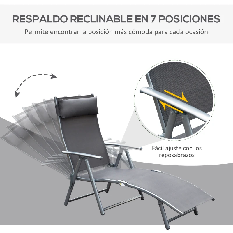 Outsunny Tumbona de Jardín Plegable con Respaldo Ajustable en 7 Niveles Almohada y Reposabrazos 137x63,5x100,5 cm Gris