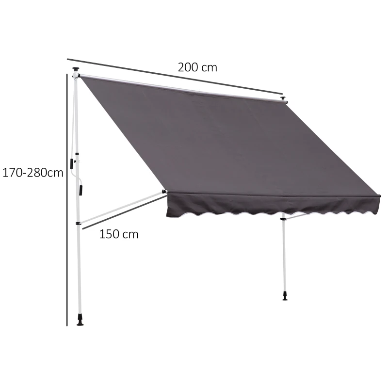 Outsunny Toldo Manual Retráctil 200x150x170-280 cm para Balcón y Terraza con Altura Ajustable con Manivela Gris