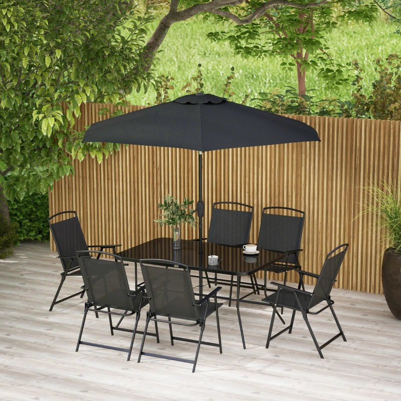 Outsunny Juego de Comedor de Jardín de 8 Piezas con 1 Mesa de Cristal 6 Sillas Plegables y 1 Sombrilla para Terraza Patio Negro