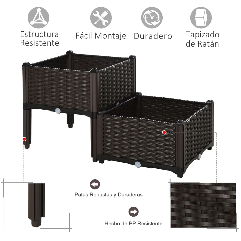 Outsunny Conjunto de 2 Macetas Cuadradas Jardinera para Flores y Plantas con Orificios de Drenaje y Patas  40x40x26/44 cm Marrón