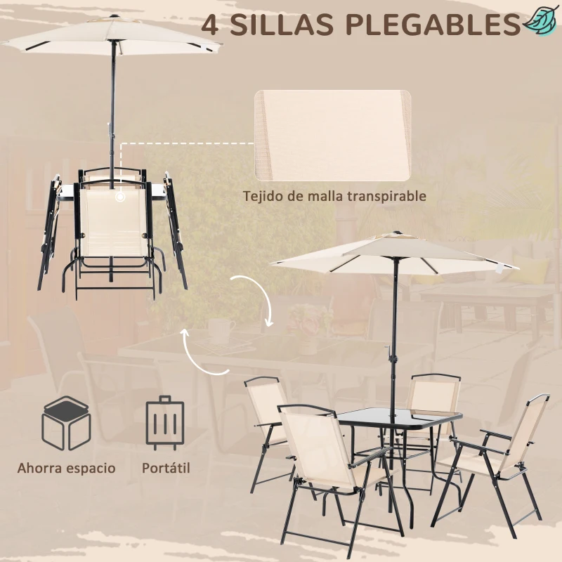 Outsunny Conjunto de Muebles de Jardín con 4 Sillas Plegables Mesa de Comedor de Vidrio y Sombrilla Inclinable Protección del Sol para Patio Terraza Exterior 80x80x70 cm Beige
