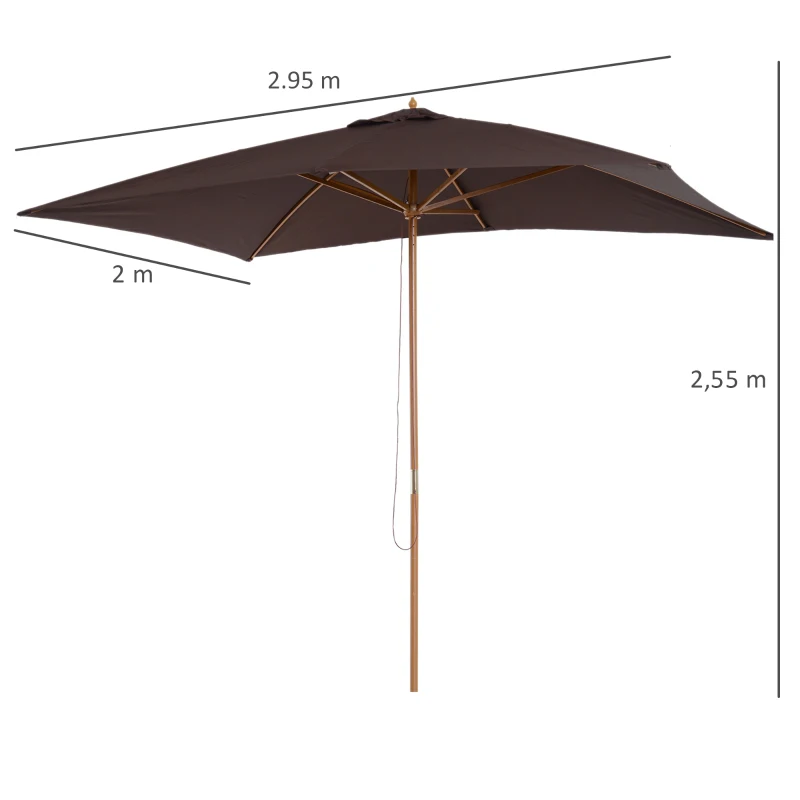 Outsunny Sombrilla Parasol 295x200x255 cm para Jardín Terraza con Mástil de Madera y Toldo de Poliéster 180g/m² Color Café