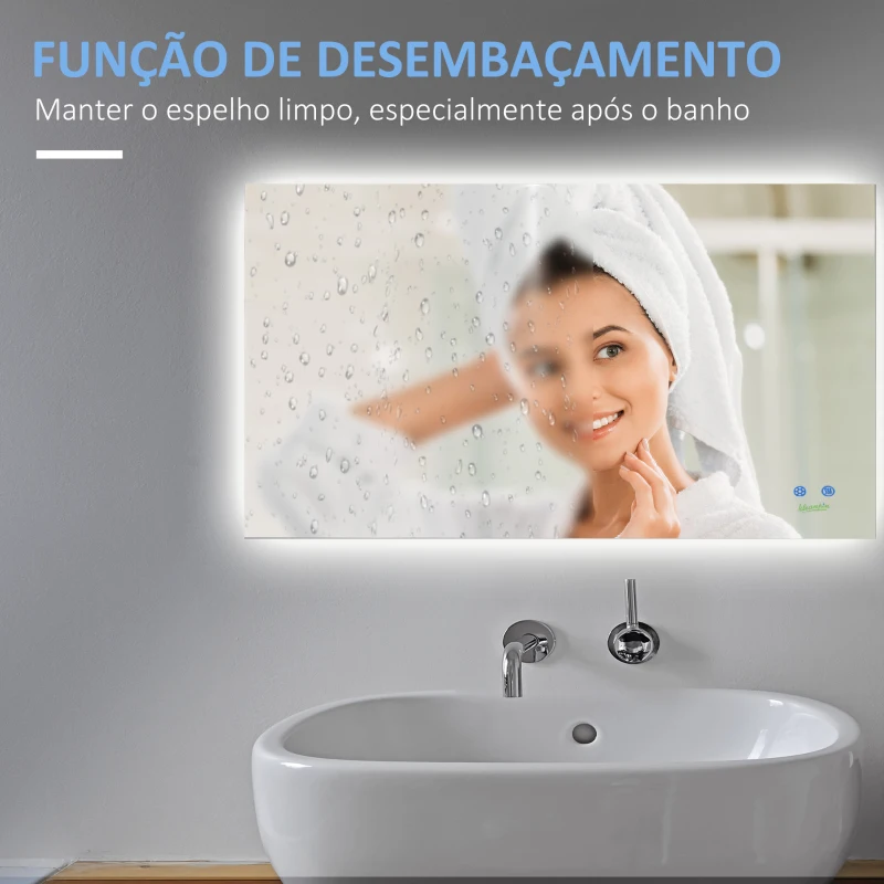 kleankin Espelho de Casa de Banho com Luz LED Anti-Embaciamento Interruptor Tátil 3 Luzes Ajustáveis e Função de Memória 90x60cm Prata