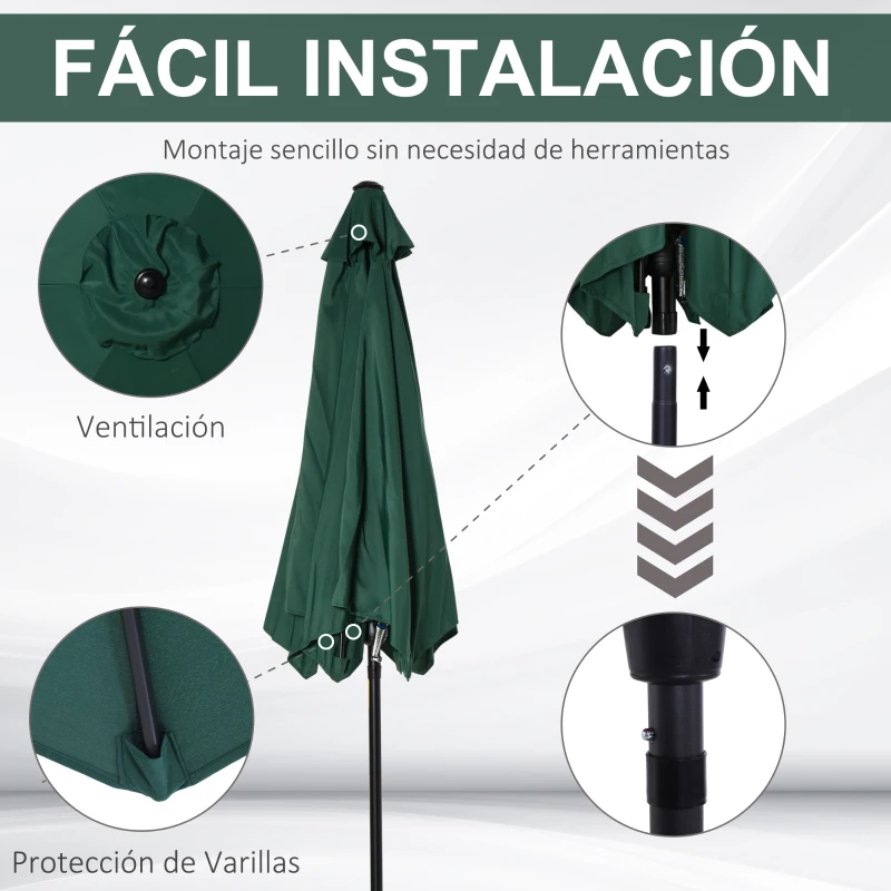 Outsunny Sombrilla para Jardín de Aluminio Ø260x235 cm Parasol de Jardín Reclinable con Manivela y 6 Varillas de Metal para Terraza Exterior Balcón Verde