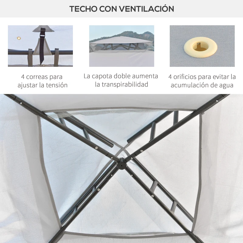 Outsunny Pabellón de Exterior 3x3 m con Doble Techo de Ventilación 4 Cortinas 8 Orificios de Drenaje Gris
