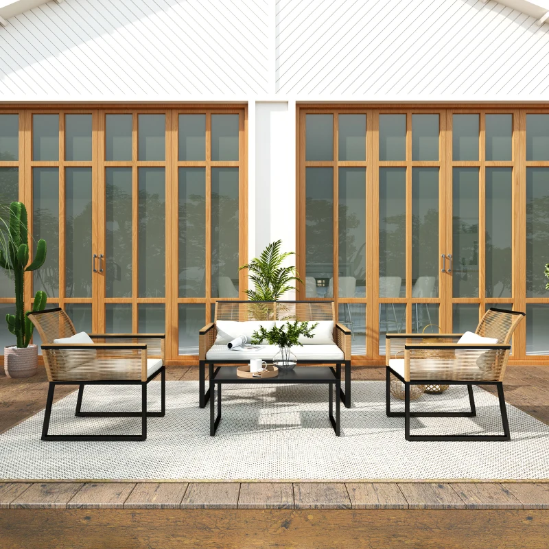 Outsunny Conjunto de Jardim 4 Peças de Vime Sintético com 2 Cadeiras 1 Sofá de 2 Lugares e Mesa de Centro Madeira e Creme